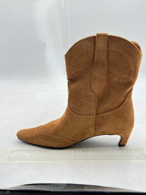 Light Brown Women Square Toe Comfort Low Heel Ankle Boot Pull On Winter Bootie